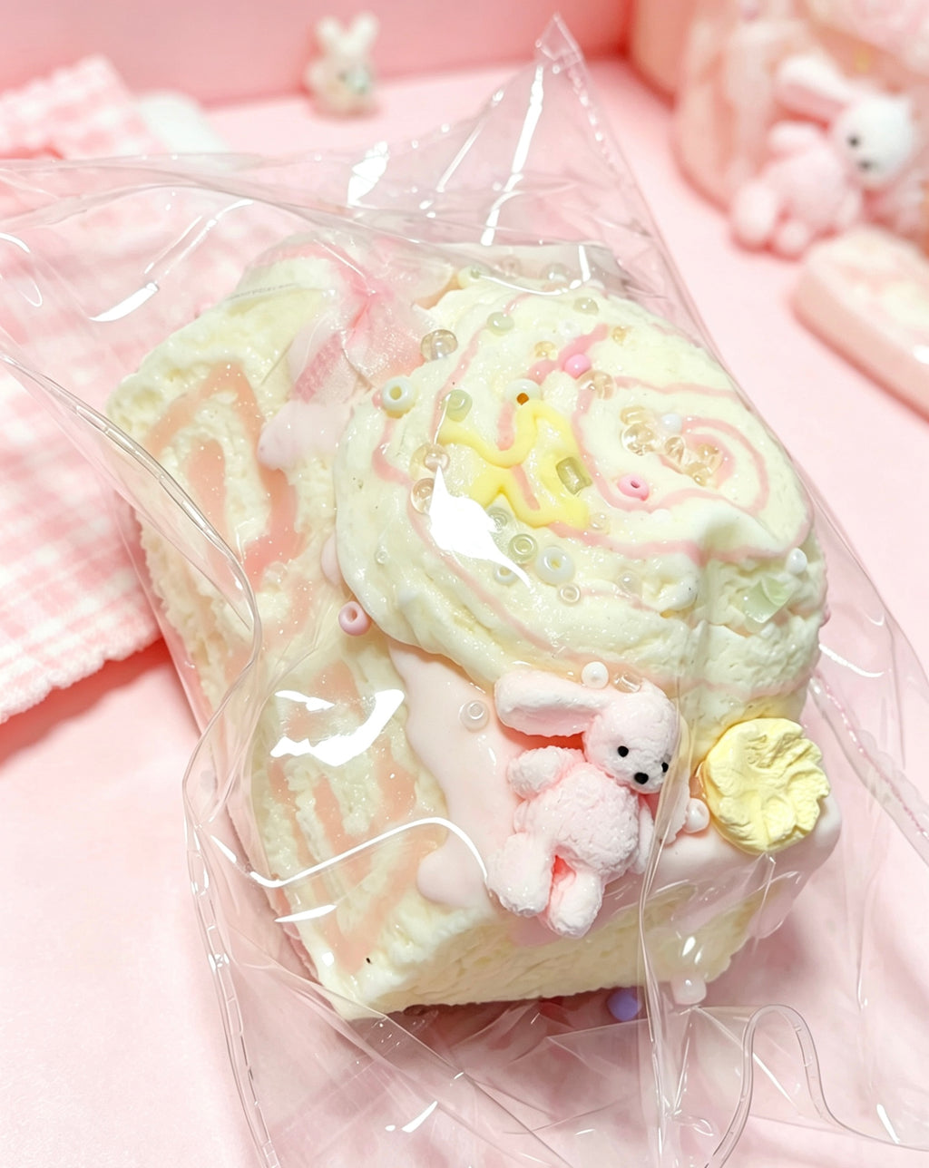 Handmade Pink Bunny Swiss Roll Squishy, Glossy Sticky Cream Slow Rising Squeeze Toy, Cute Pastel Dessert Fidget Toy for Stress Relief & Collection