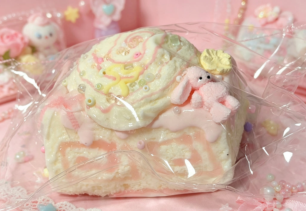 Handmade Pink Bunny Swiss Roll Squishy, Glossy Sticky Cream Slow Rising Squeeze Toy, Cute Pastel Dessert Fidget Toy for Stress Relief & Collection