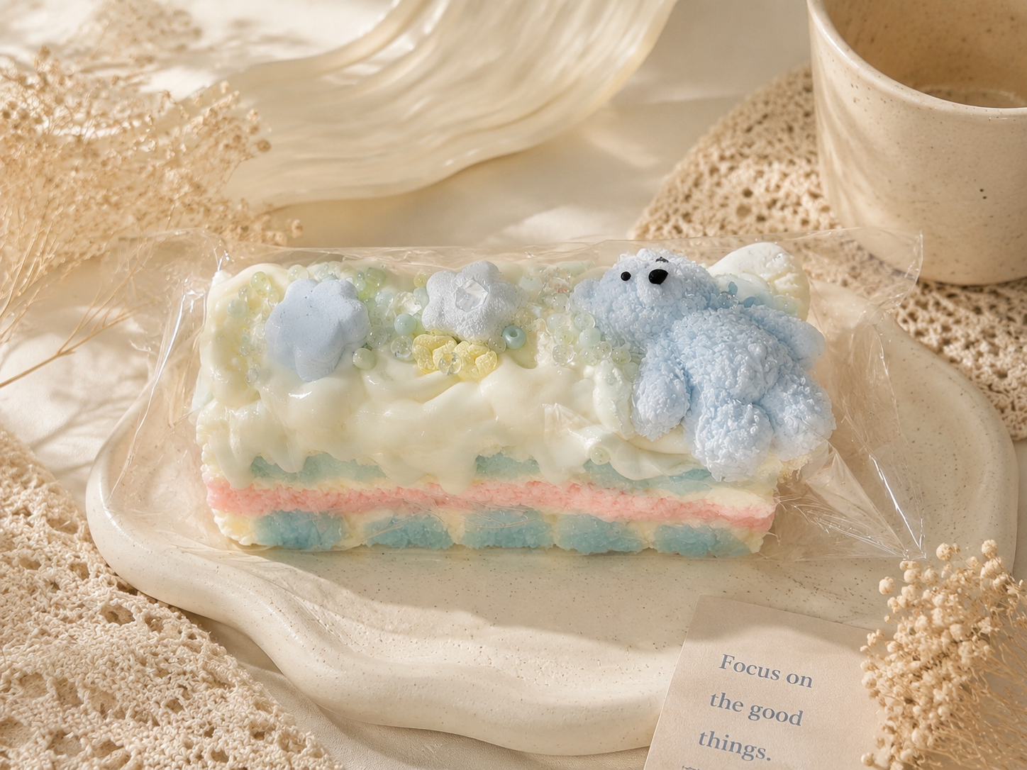 Handmade Pastel Rainbow Layer Cake Squishy with Fluffy Light Blue Bear & Cloud Toppers, Glossy Sticky Cream Slow Rising Squeeze Toy, Aesthetic Stress Relief Fidget Gift for Squishy Collectors